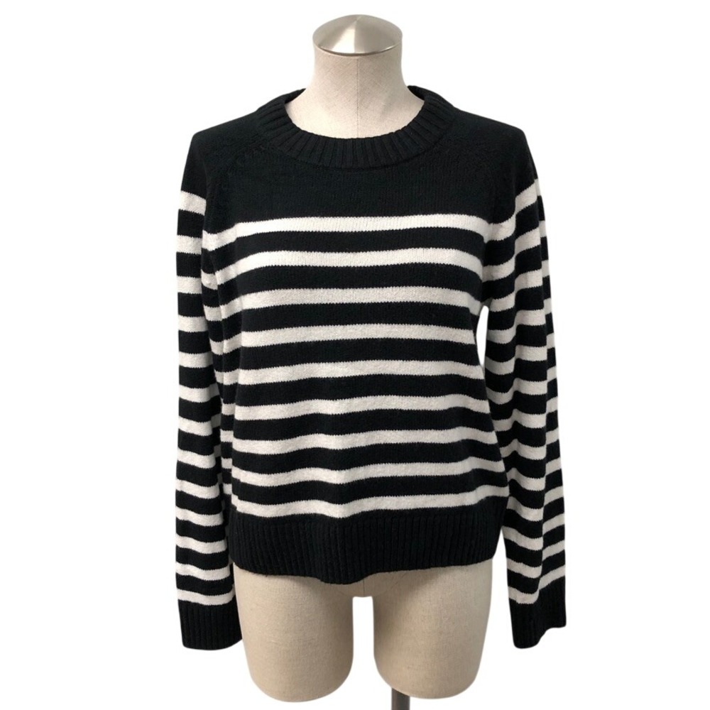 GAP Sweater Womens Medium Black White Striped Cashsoft Crew Neck Preppy Classic